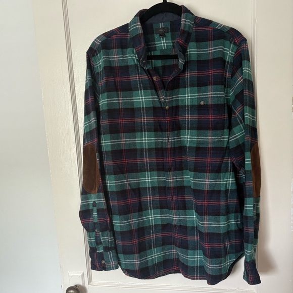 J. Crew Teal and Navy Wool Shirt with Elbow Patches - Picture 1 of 2